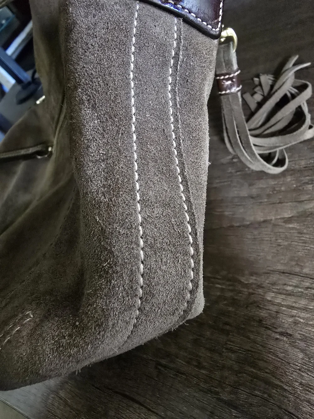 2005 Coach East West Tassel Taupe Suede Hobo Bag